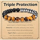 OAVOOK Triple Protection Bracelet for Men Gifts Black Obsidian Hematite Tiger Eye Bracelet Gifts for Birthday Inspirational Christmas Fathers Day