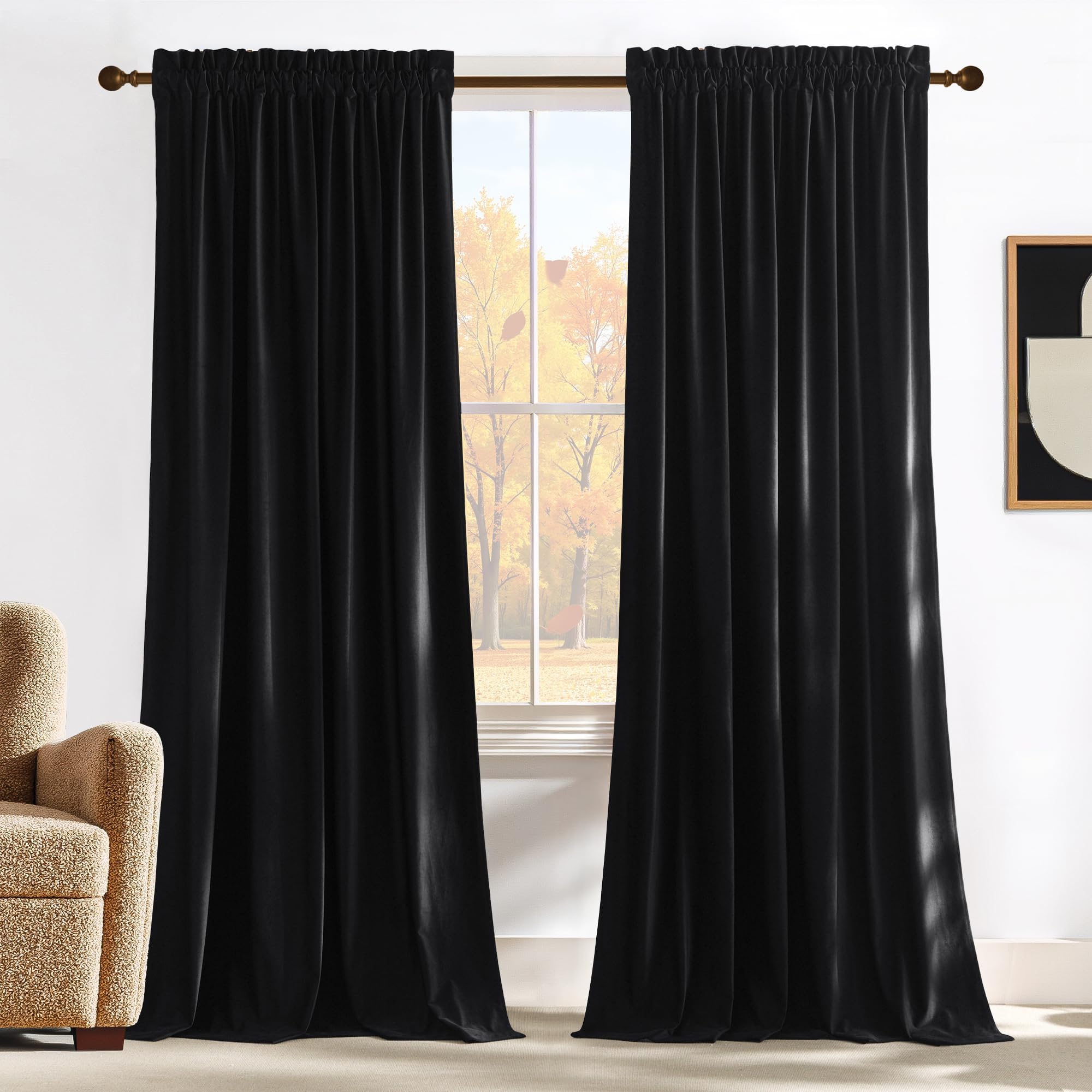NICETOWN Black Velvet Blackout Curtains 96 inch Long for Bedroom and
