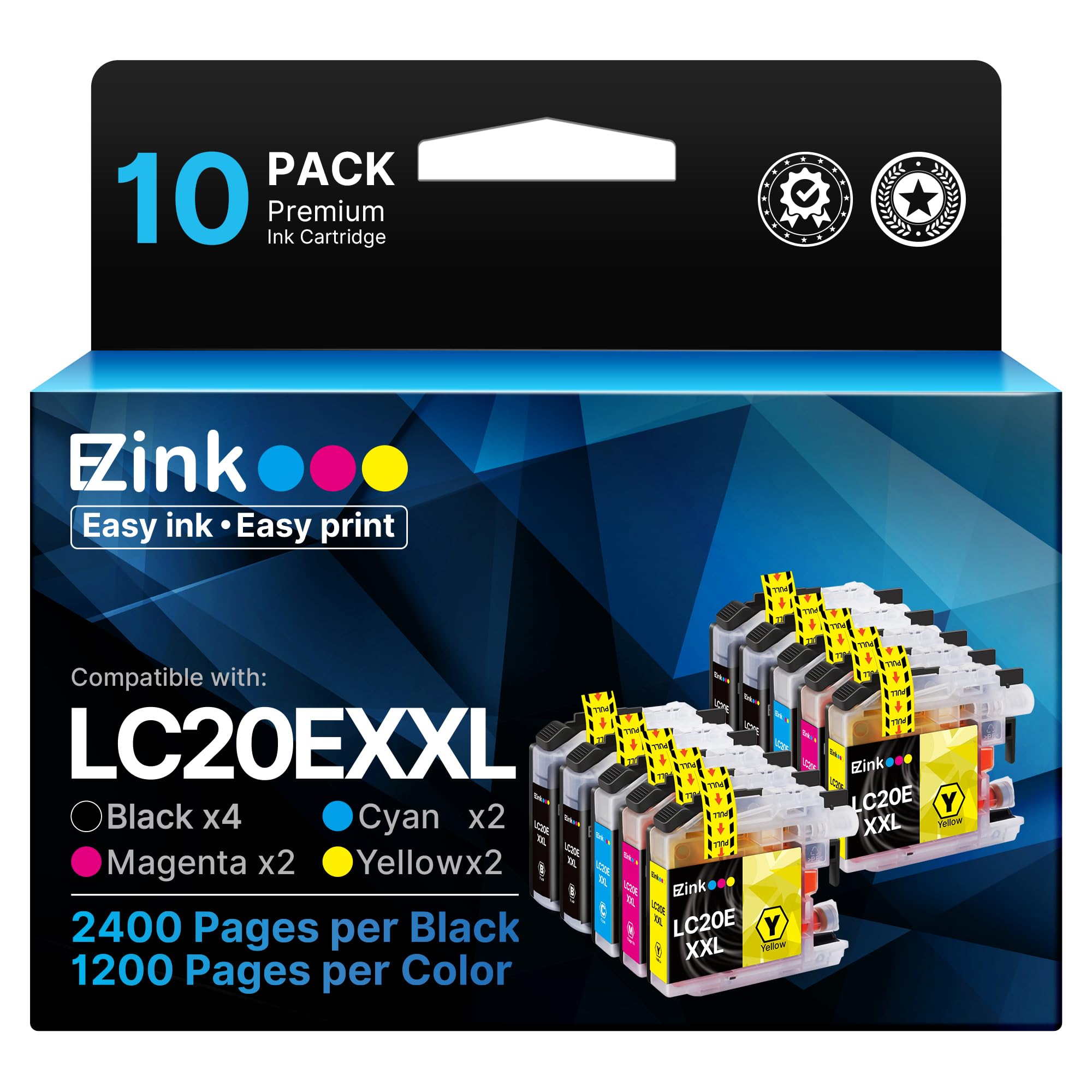 Photo 1 of E-Z Ink Compatible Ink Cartridge Replacement for Brother LC20E XXL for use with MFC-J985DW, MFC-J775DW, MFC-J5920DW, MFC-J985DWXL, MFC-J775DWXL(4 Black, 2 Cyan, 2 Magenta, 2 Yellow, 10 Pack)