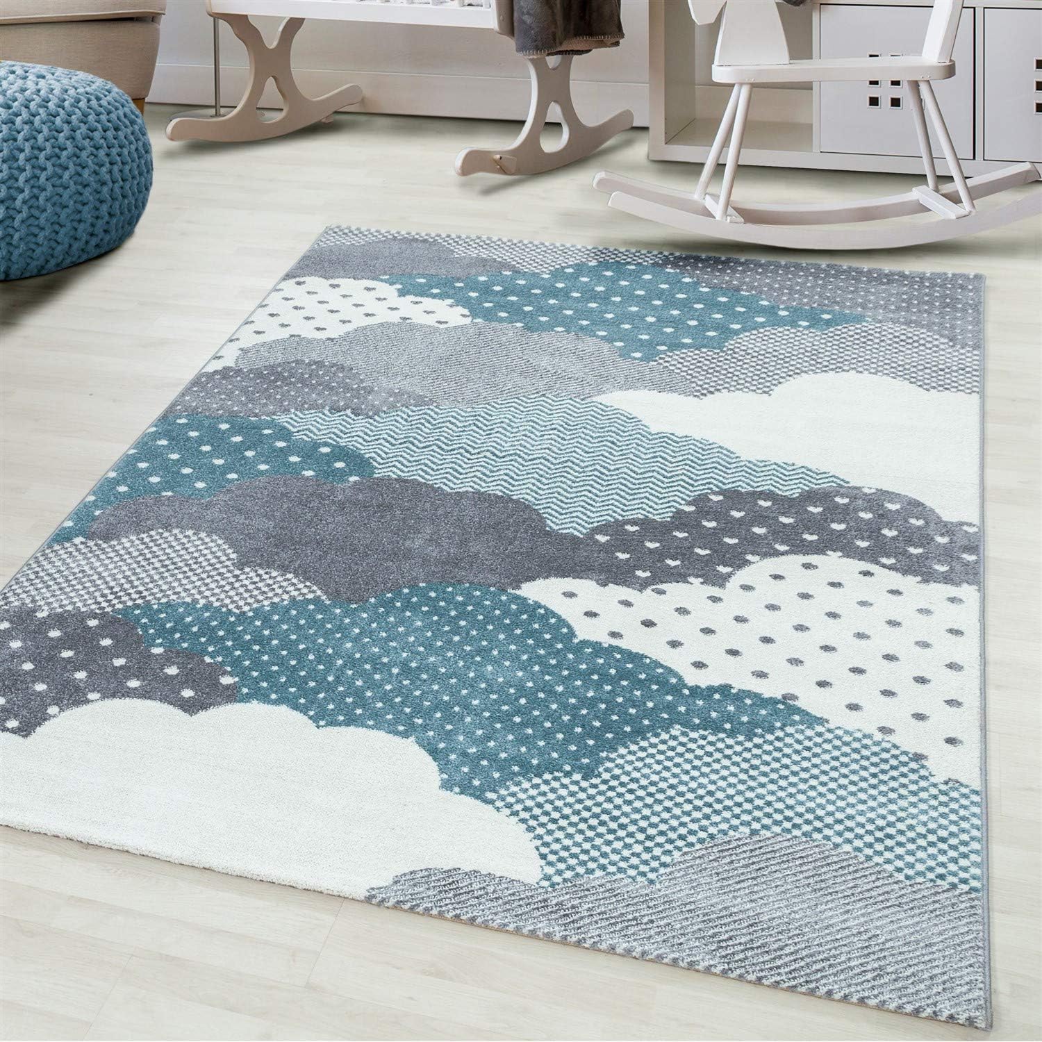blue and white nursery rug