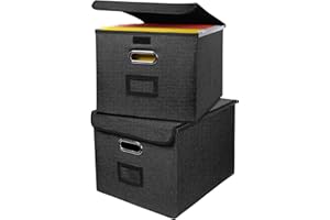 JNNQI File Organizer Box Set of 2, Portable File Box with Lid, Linen Document Organizer with Plastic Slide, Durable Hanging F