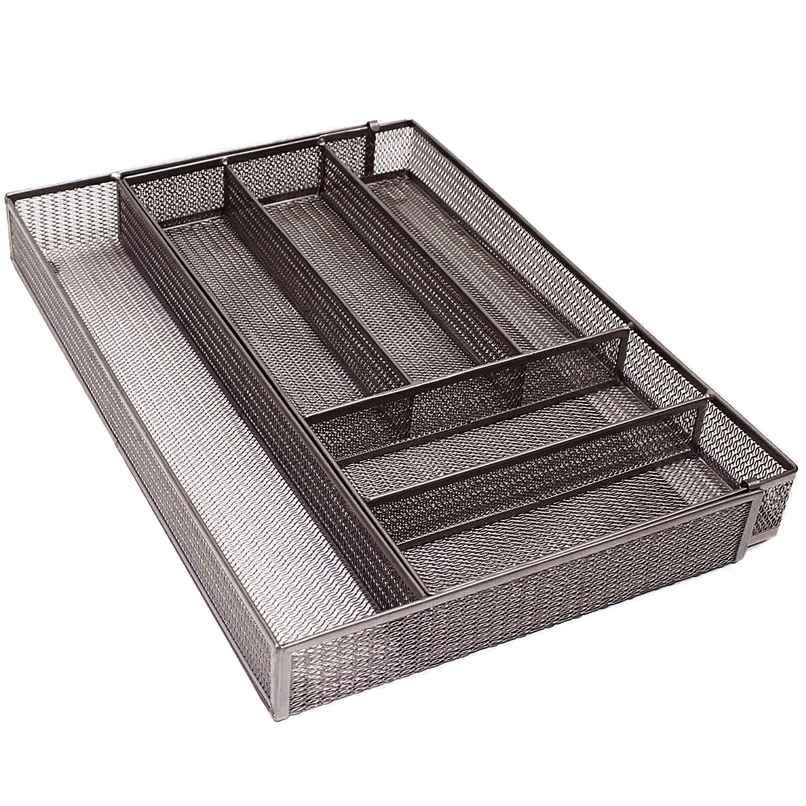 COOLPEEN Cutlery Tray, 6 Compartments Mesh Kitchen Drawer Cutlery Organizer Storage, Expandable Utensil Drawer Organizer with Non Slip Foam Feet, Kitchen Storage & Organization for Home Office (Brown)