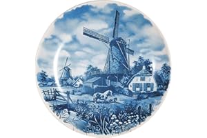 Essence of Europe Gifts Collectible Dutch Gift J.C Van Hunnik Windmill and Pony Scene Decorative Blue 8" Ceramic Plate | DutchGiftOutlet