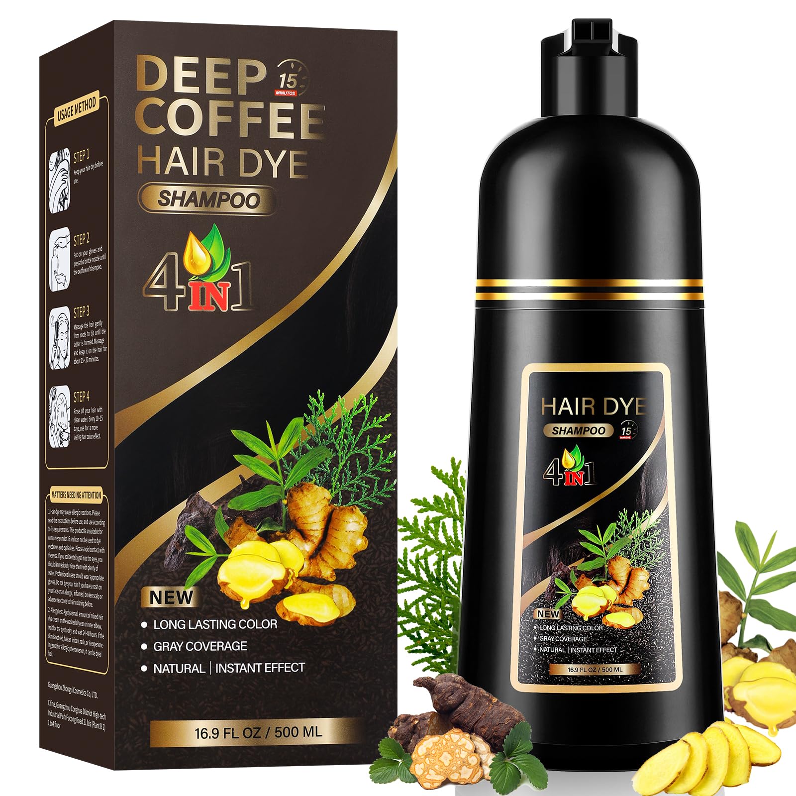 Photo 1 of YUOLITA 4 in 1 Deep Coffee Hair Dye Shampoo for Gray Hair, Semi-Permanent Instant Hair Color Shampoo for Women and Men, Herbal Ingredients Shampoo and Hair Care, 100% Grey Coverage 500ml