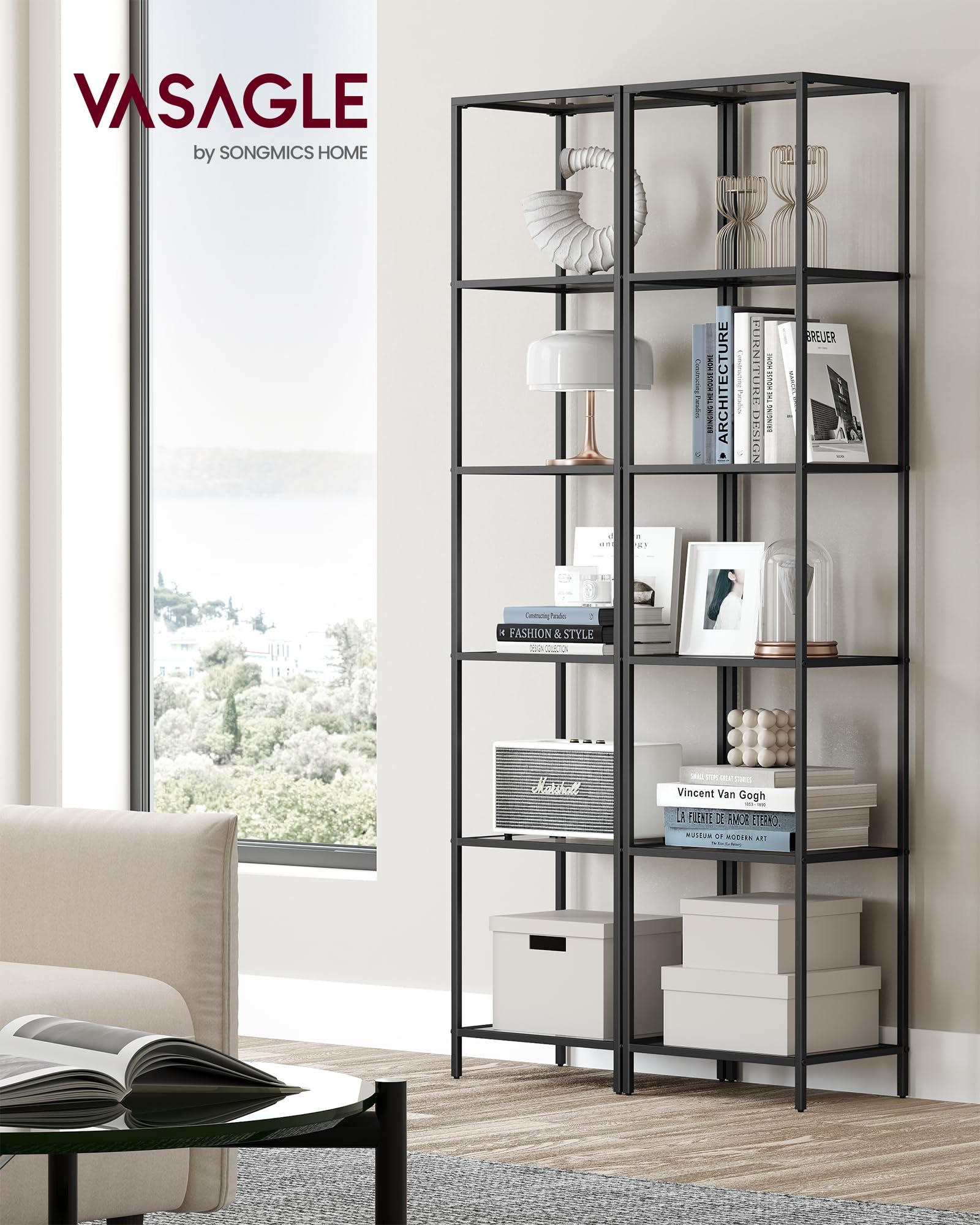 VASAGLE Bookcase, 6-Tier Bookshelf, Slim Shelving Unit for Bedroom, Bathroom, Home Office, Tempered Glass, Steel Frame, Ink Black and Slate Gray ULGT500G01