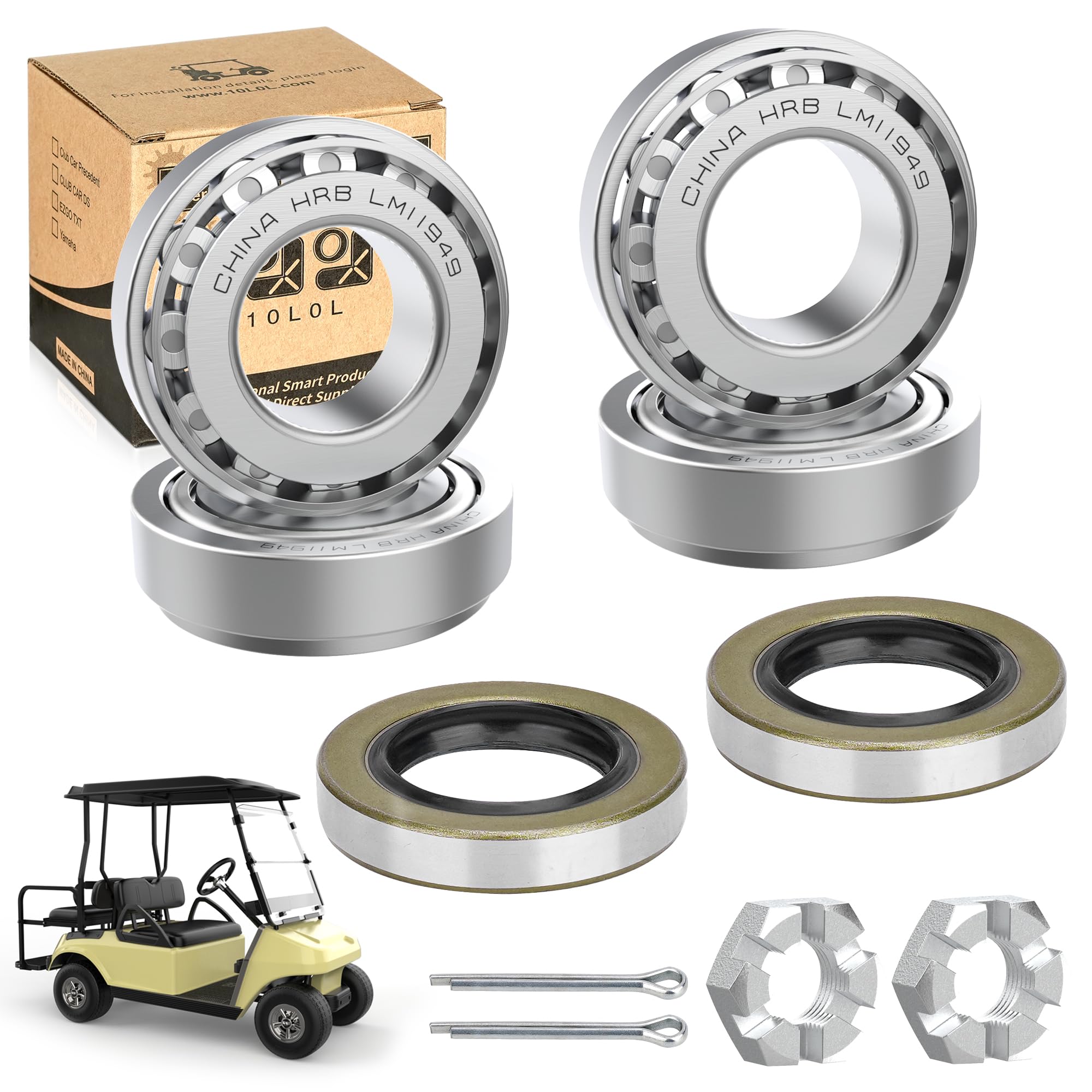 Photo 1 of 10L0L Golf Cart Front Wheel Hub Bearings & Oil Seals Kits for Club Car DS and Carryall 1982-2002 with Nut Locking Pin, Replace Part 1011393 1013135 (2 Pack)