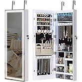 Tektalk Jewelry Cabinet with 3 Groove Mirror Lamps, Full Length Mirror, Wall/Door Mounted Jewelry Armoire Organizer with 3 Color Outside LED Lights & Interior 6 LEDs Light - White