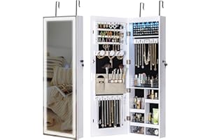 Tektalk Jewelry Cabinet with 3 Groove Mirror Lamps, Full Length Mirror, Wall/Door Mounted Jewelry Armoire Organizer with 3 Color Outside LED Lights & Interior 6 LEDs Light - White
