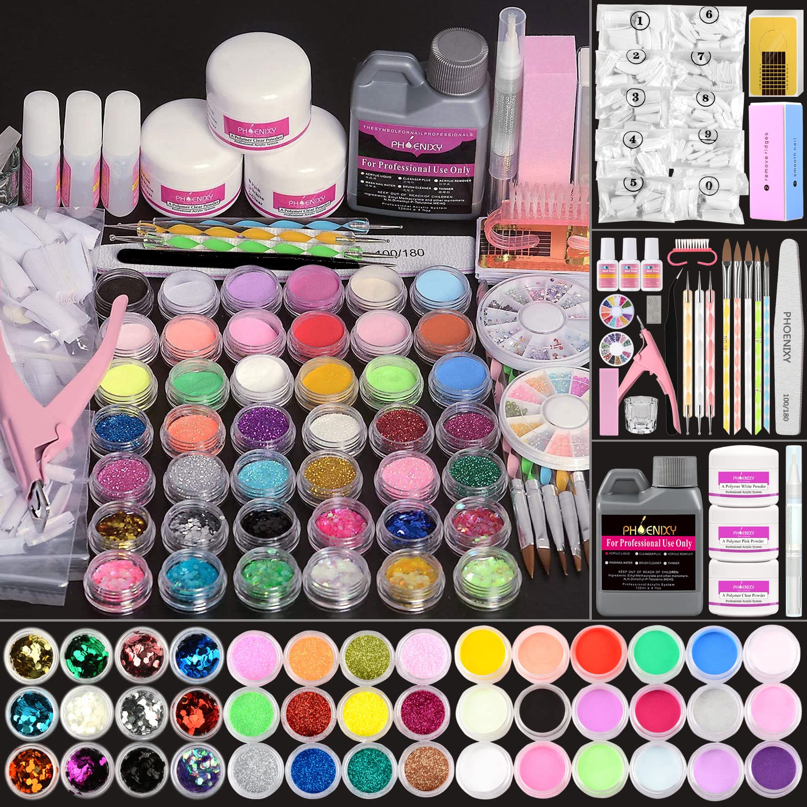 Phoenixy Acrylic Nail Kit, Full Set for Beginners Professional 42 in 1 Acrylics Powder with Nail Art DIY Manicure Tool Acrylic Nail Set Starter Gifts Kit Sets for Women