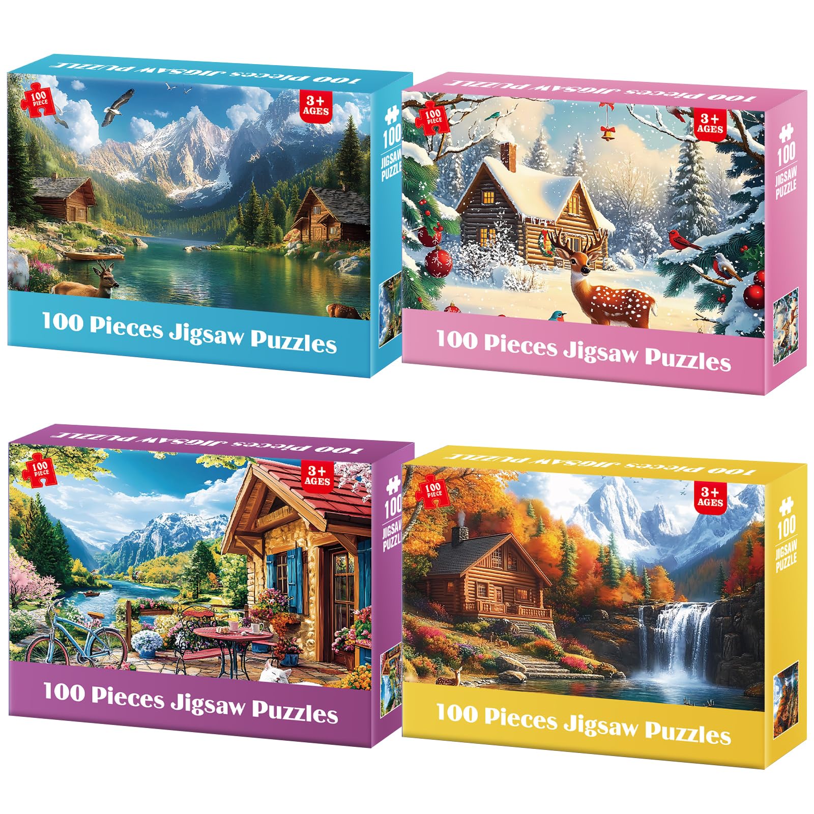 Photo 1 of 100 Piece Puzzles - Four Seasons Scenery Large Piece Puzzles for Senior Adults Kids Puzzle Ages 5-8 Jigsaw Puzzle for Kids Ages 4-6 6-8 8-10 Year Old Educational Toys for Girls Boys 4-Pack