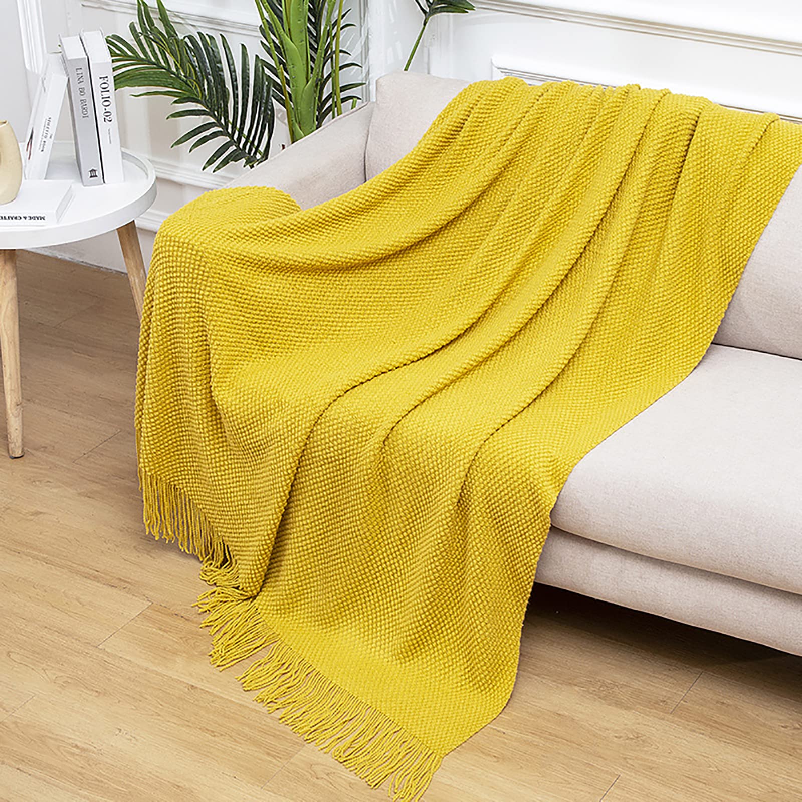 LumiSyne Knitted Throw Blanket With Tassel Solid Color Grain Texture Cozy Fluffy Warm Soft Throws Decorative Blankets For Settee Armchair Couch Bed Office 230x130cm