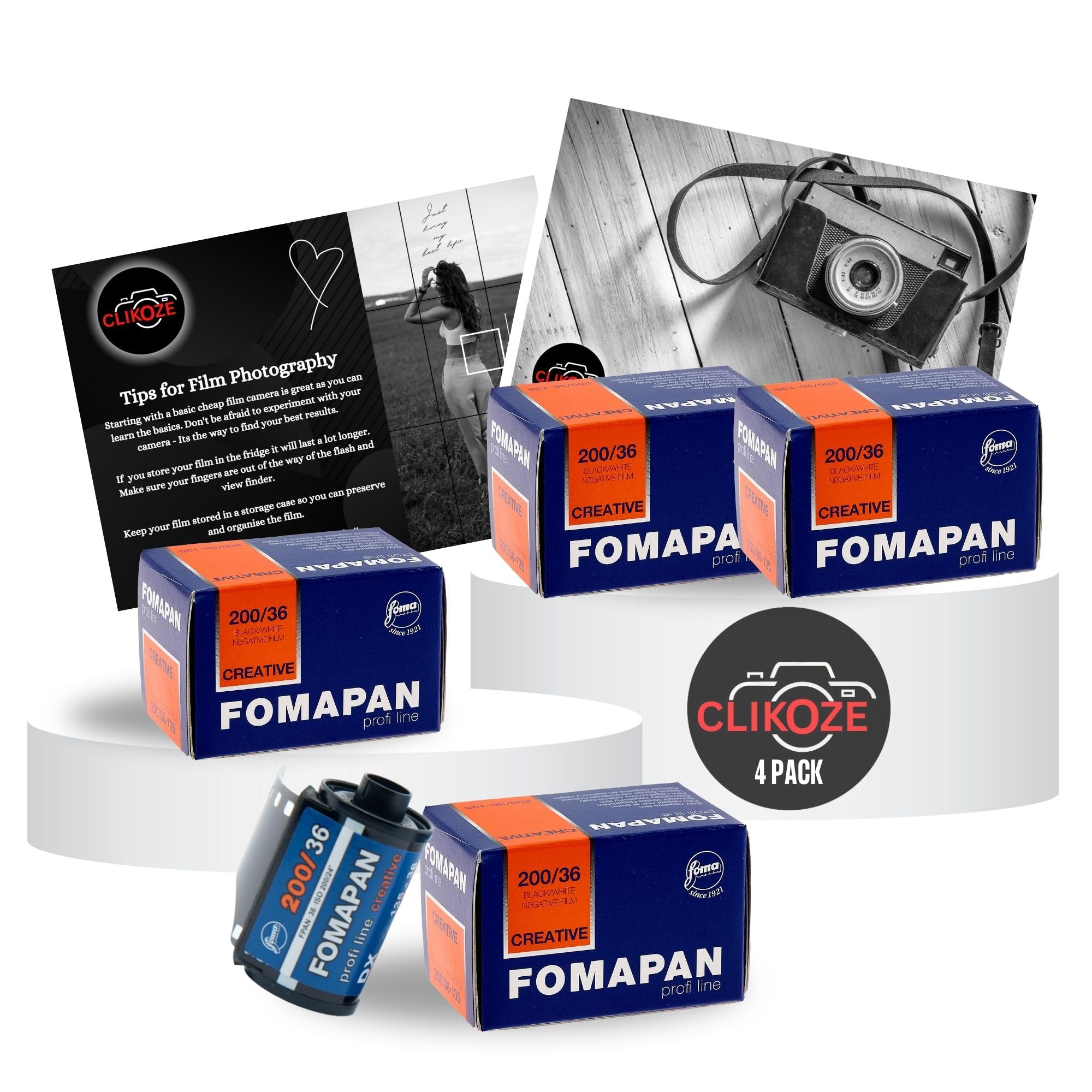 Fomapan 200 Creative Black and White Film Bundle - 36 Exposure x4 and Clikoze Camera Film Photography Tips Card