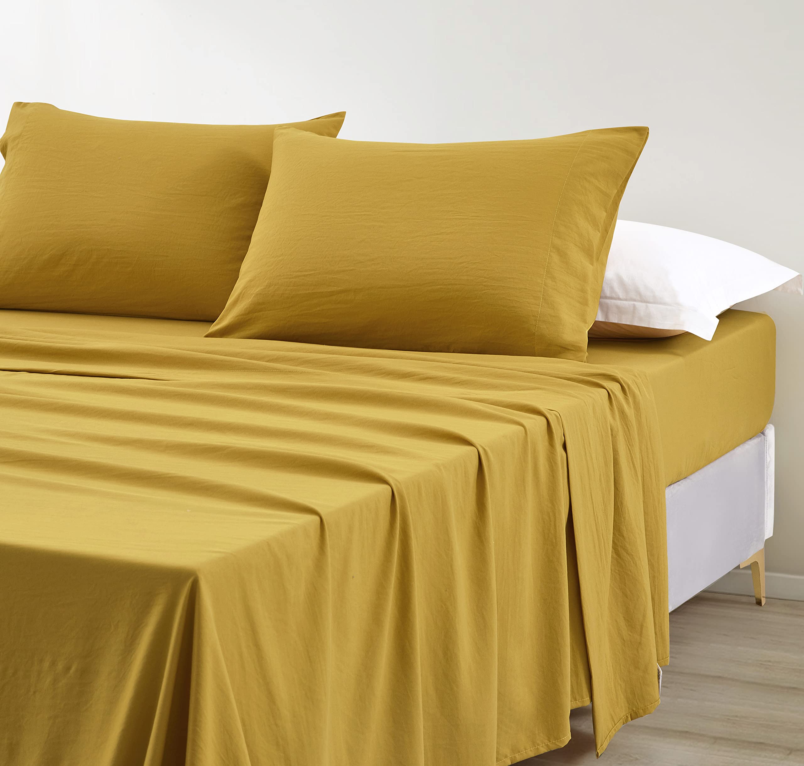Photo 1 of Chezmoi Collection Stone Washed Split King Size Sheet Set - 5-Piece Extra Soft Breathable Wrinkle & Fade Resistant 14-Inches Deep Pocket Sheets & Pillowcases Set - Split King, Mustard Yellow