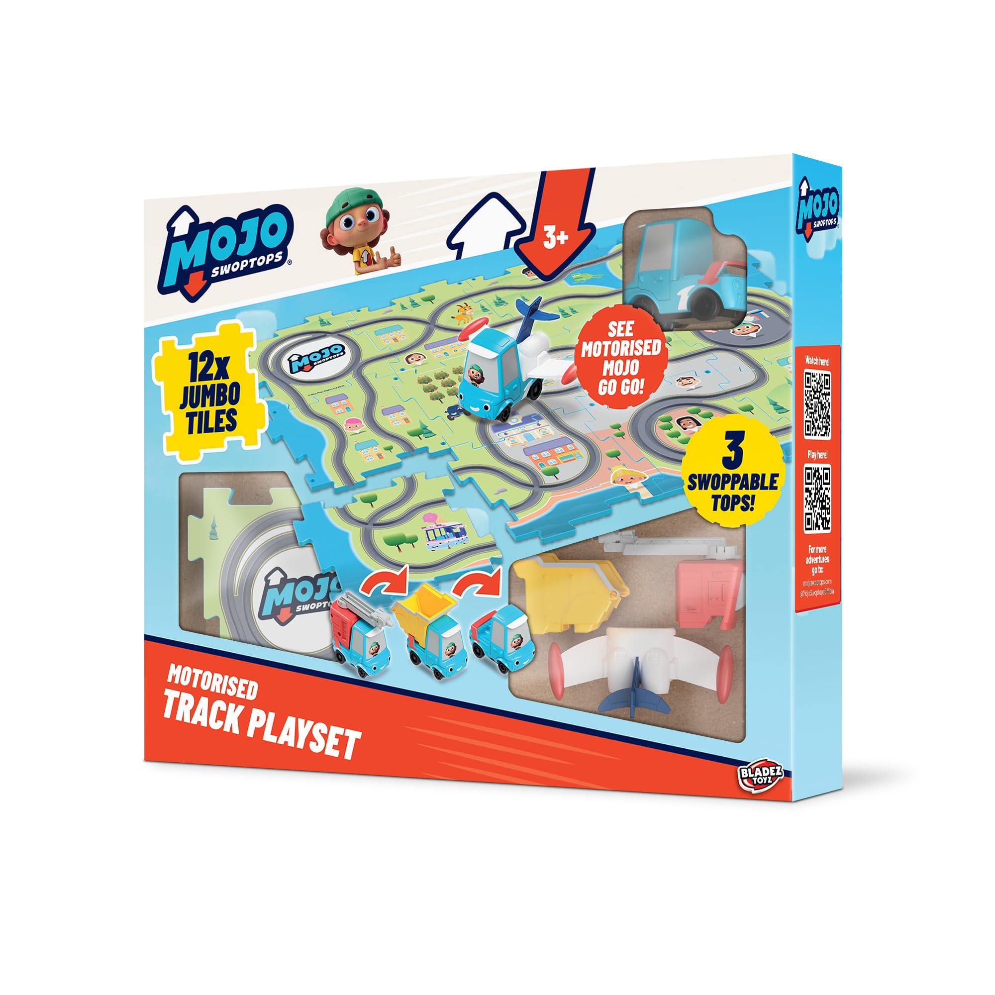 BLADEZ Mojo Swoptops Motorised Track Playset – Car Track for Kids with 12 Puzzle Tiles & 50+ Combos, Swappable Dumper, Jet and Fire Tops – Develops Problem Solving Skills - CBeebies Hit Show