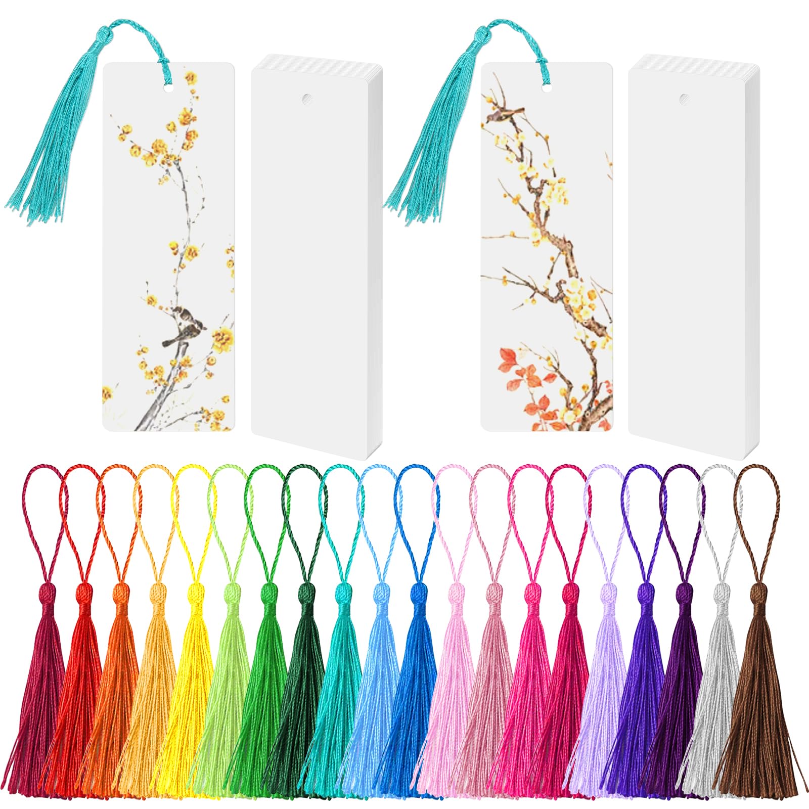 Photo 1 of 30 Pcs Blank Bookmarks with 80 Pcs Colorful Tassels, Unfinished Kraft Paper Book Page Marks for DIY Art Projects, Present Tags, Gifts Tags 5.5x2 inch (White)