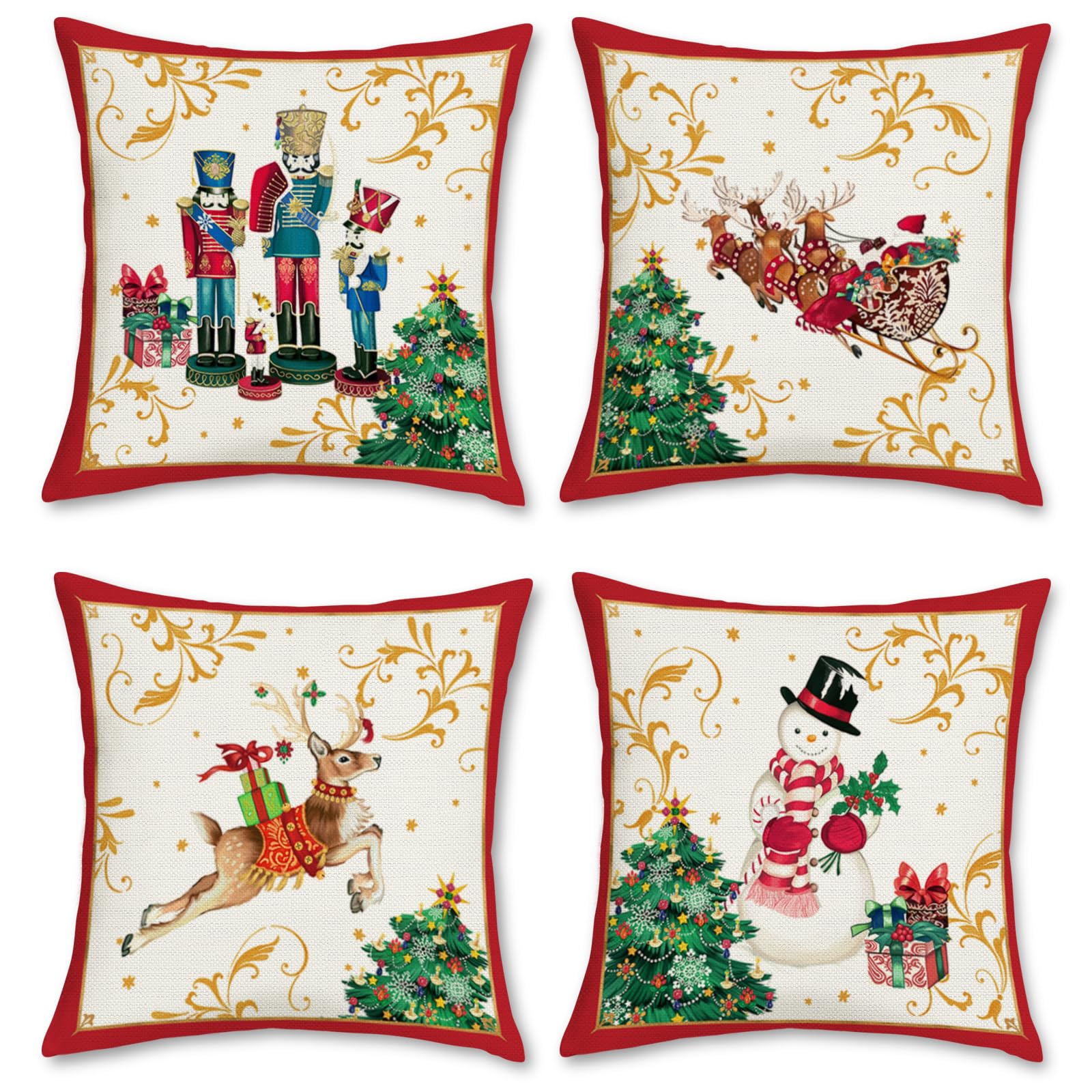 Bonhause Christmas Cushion Covers 45 x 45 cm Reindeer Nutcracker Both Sides Decorative Throw Pillow Covers Pillowcases for Sofa Bed Winter Xmas Decor Set of 4 โ image 1
