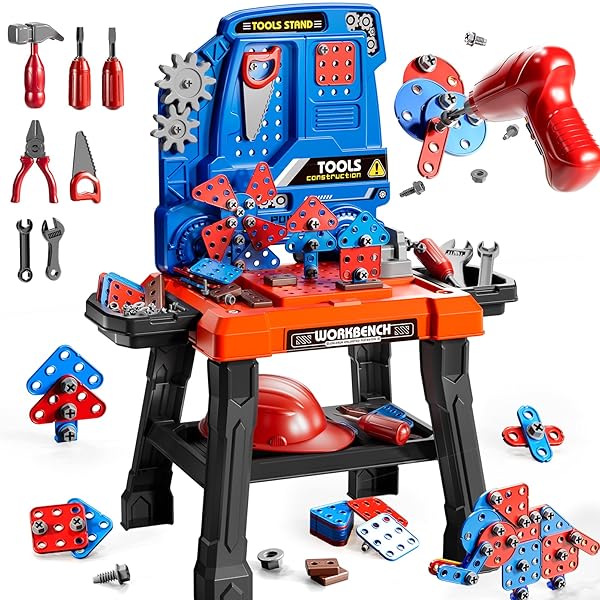 KIZONLY KIDS TOOL TOY PLAYSET WITH ELECTRONIC DRILL SOUND FOR AGED 3 4 5 6 7 8, WORKBENCH TOYS FOR TODDLERS 3-5, PRETEND PLAY TOOL BOX, CONSTRUCTION MECHANIC SET, BIRTHDAY GIFT FOR BOYS GIRLS AGES 3-8
