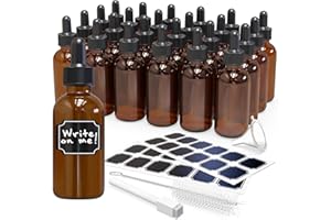 Nevlers 24PK 2 Oz Amber Glass Dropper Bottle | Leakproof Bottle with Dropper Set with Label Stickers, Funnel, Cleaning Brush, & White Glass Marker