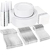 Supernal 400pcs Silver Plastic Dinnerware Set Heavy Duty Disposable Plates Include Silver Plastic Dessert Plates,50 Spoons & Knives & Cups & Napkins & 100 Forks,Prfect For Party and Wedding