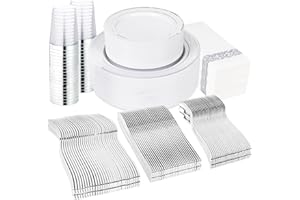 Supernal 400pcs Silver Plastic Dinnerware Set Include Silver Plastic Plates, Heavy Duty Disposable Dessert Plates,50 Spoons, 