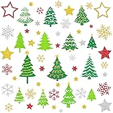 6sheets Glitter Christmas Stickers for Crafts Scrapbook Small Christmas Tree Transparent Sparkle Snowflake Star Holiday Stickers for Art Project (Gold Silver Red Green)
