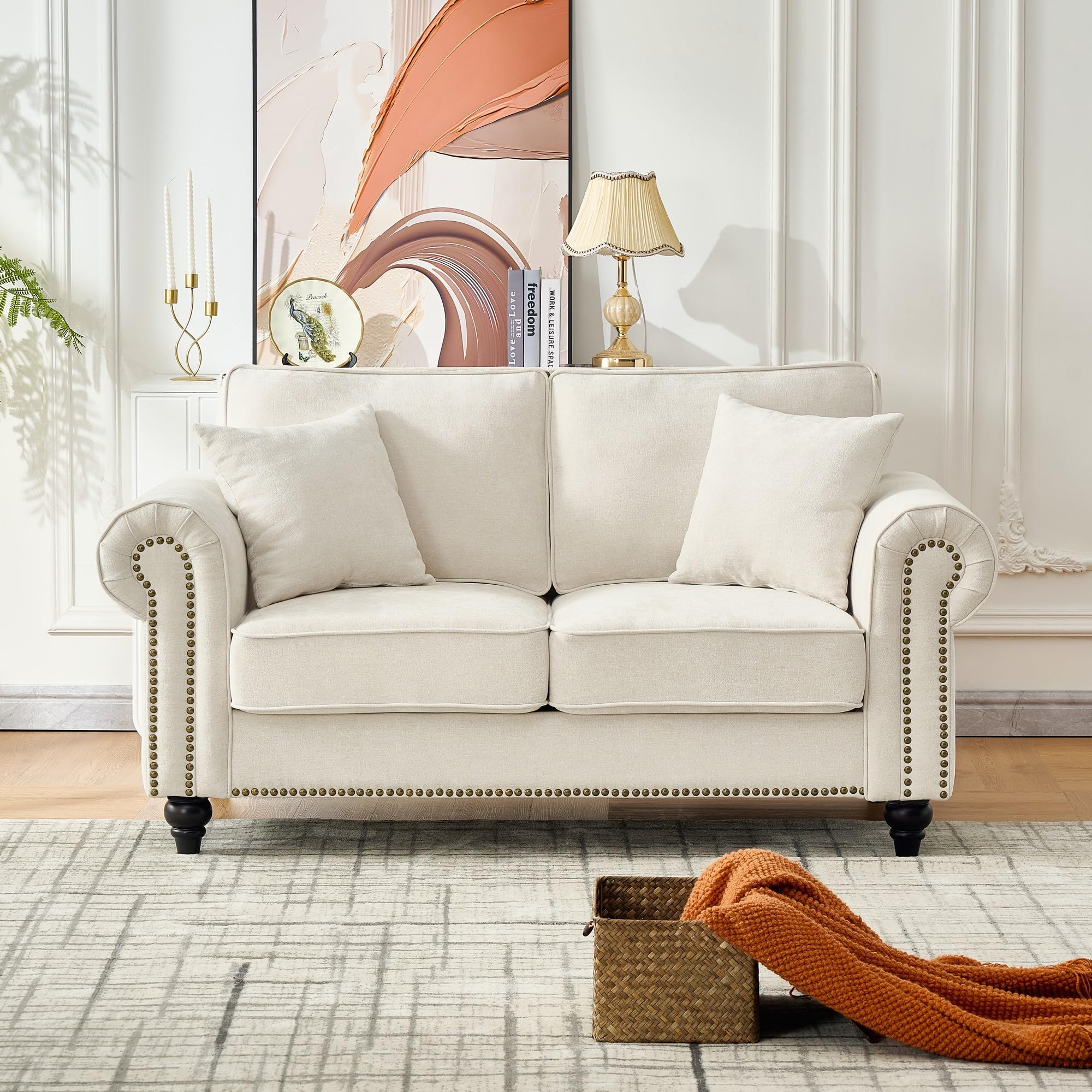View 2 of ** SET BOX 2 OF 2 *** KEIKI 64" Oversized Chenille Loveseat Sofa with Rolled Arms and Nailhead Trim, Upholstered Modern Style 2-Seater Couch with High-Density Foam Cushions, Easy Assembly, for Apartment, Living Room, Beige