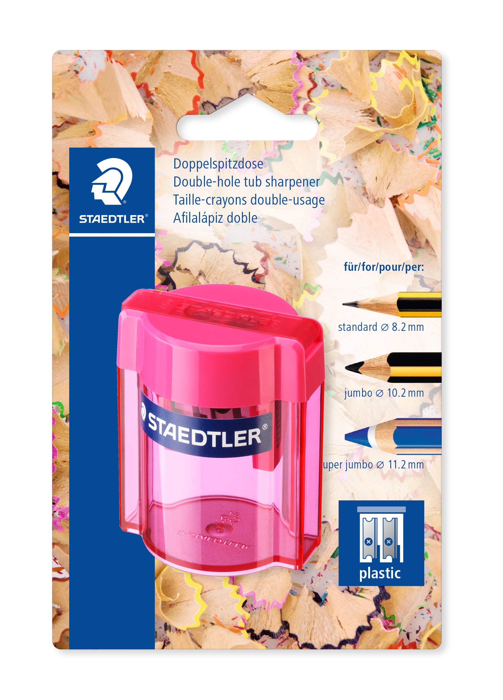 Staedtler 513 – Blister Pack 1 Plastic Pencil Sharpener 2 Uses with Transparent Container Assorted Colours