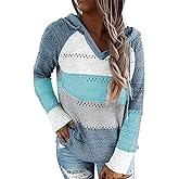 FEKOAFE Women's 2026 Fall Striped Color Block Hoodies Fashion V Neck Knit Sweater Pullovers