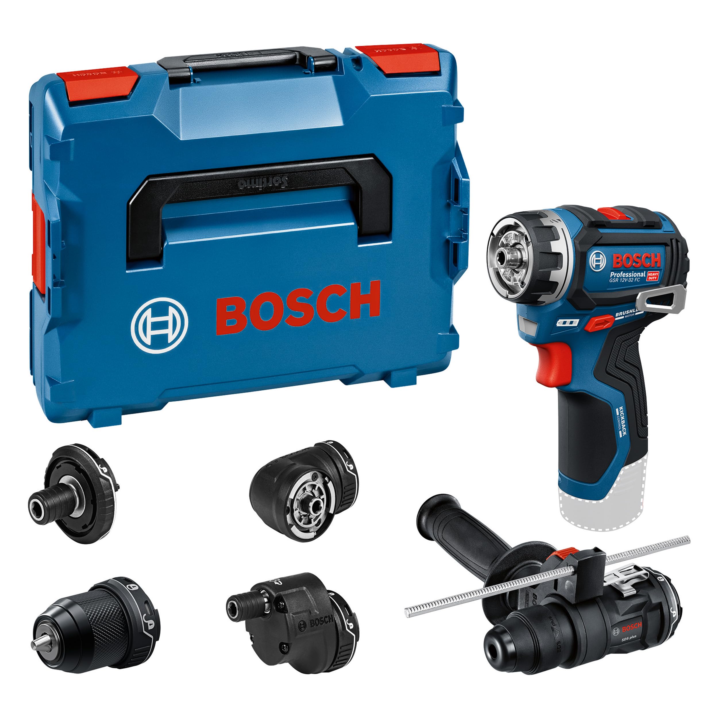 Bosch PRO 12V System Akku-Bohrschrauber GSR12V-32FC (inkl. GFA 12-M, GFA 12-X, GFA 12-E, GFA 12-W, GFA 12-H, Zusatzhandgriff, Tiefenmesser, L-BOXX)