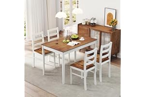 NAFORT Dining Table Set for 4, Solid Wood Kitchen Table and Chairs, Farmhouse Dinette Set w/Apron, Rubber Wood Legs, Mid-Century Modern Dining Room Table and 4 Chairs for Kitchen, Restaurant