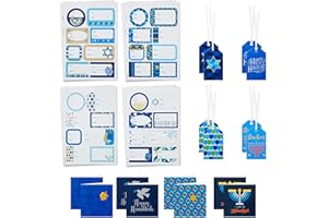 Hallmark Tree of Life Hanukkah Gift Tags with Ribbon, Sticker Seals, and Mini Notecards (Star of David, Menorah, Dreidel, Blue, Gold, Orange) for Gift Bags and Wrapped Presents