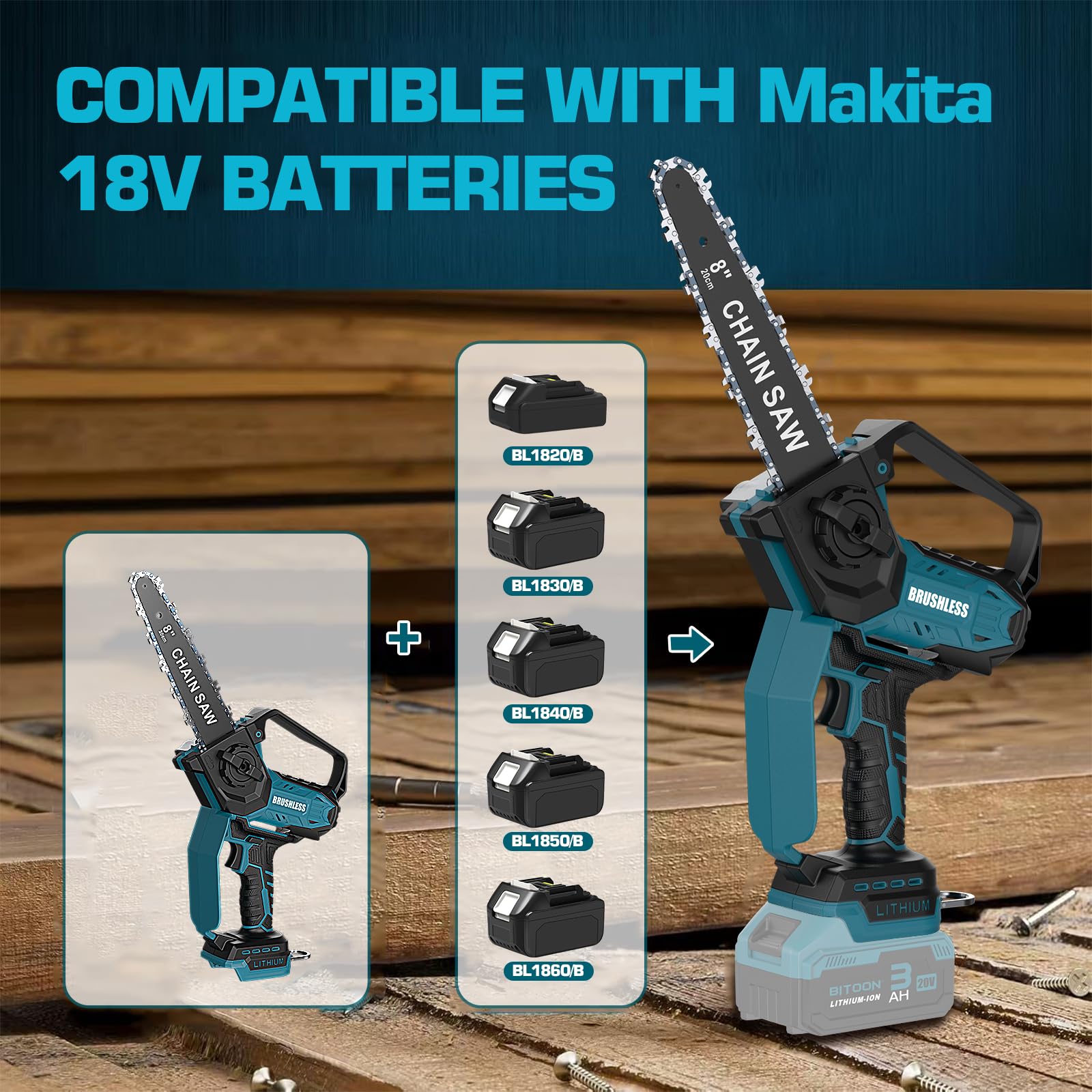 8-Zoll Kettensäge für Makita 18V Akku, automatischer Öler, bürstenlose 6-Zoll und 8-Zoll Akku Baumsäge, batteriebetriebene Mini-Kettensäge zum Holzschneiden und Baumbeschneiden (nur Werkzeug) 7