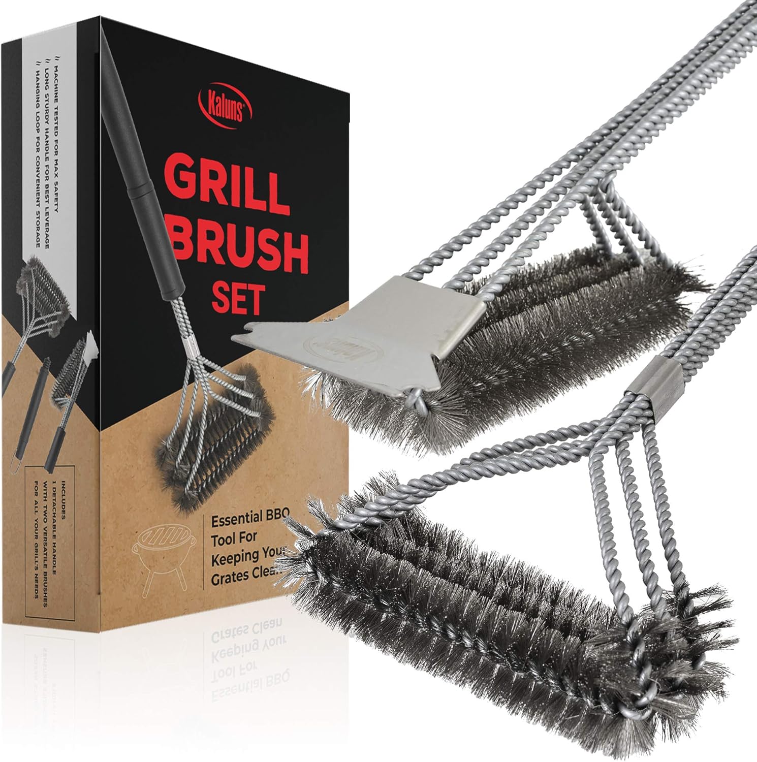 Kaluns Grill Brush, BBQ Grill Brush, Grill Brush and Scraper Set, Includes Two Brush Heads, one Removable 18" Long Handle, Stainless Steel Durable Wire Bristles, Cleaning Tool for All Barbeques: Kitchen & Dining