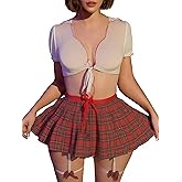 Knotica school girl outfit lingerie Women's Sheer Tie Front Crop Top & Plaid Mini Skirt School Girl Outfit Adult