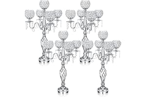 Nitial 5 Arm Crystal Candelabra Centerpieces for Tables 27 Inch Tall Crystal Candle Holders Bowl Candelabra Table Centerpieces Decor for Wedding Christmas Dinner Party Events (Silver,4 Pcs)