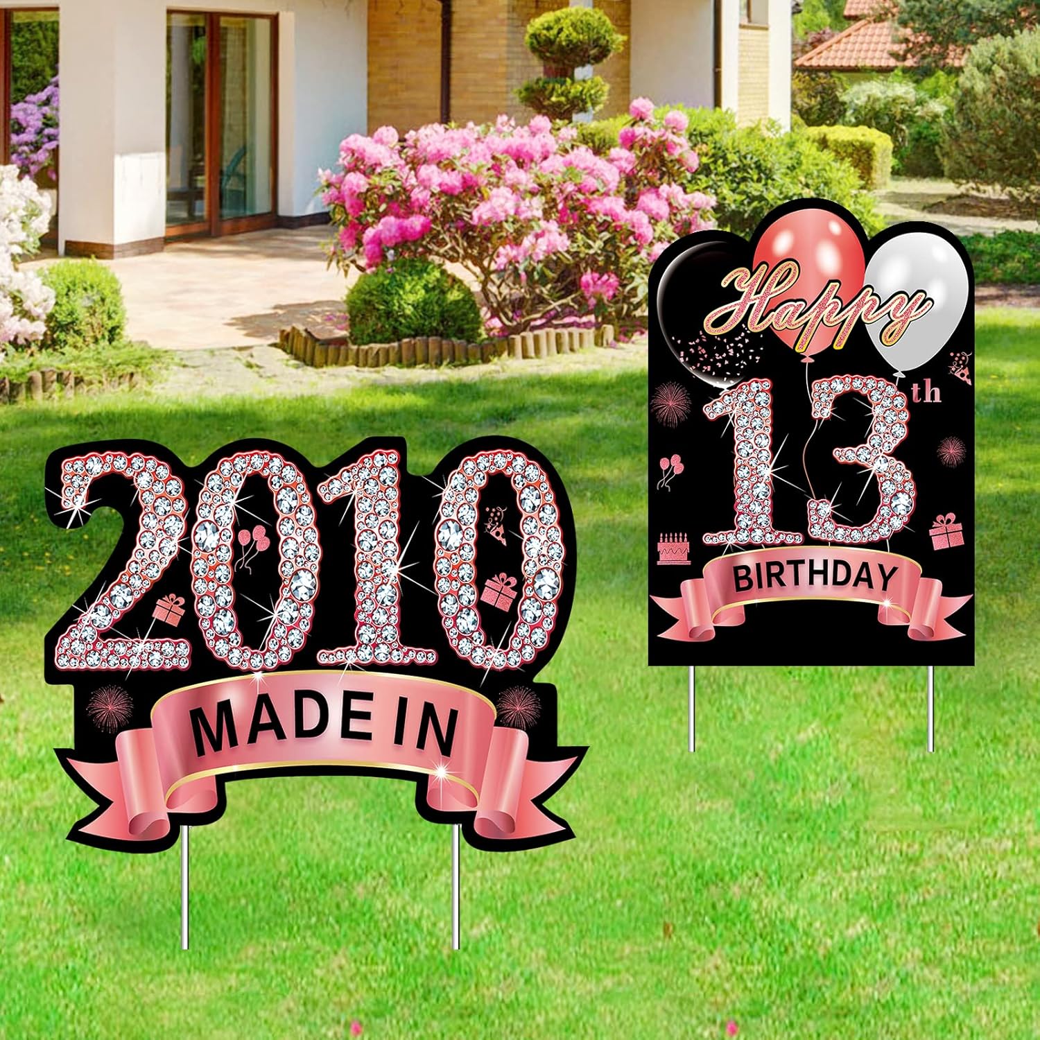 Yard Signs - 2Pcs Rose Gold 13th Birthday Yard Sign Decorations for Girls, Happy 13th Birthday Made in 2010 Outdoor Lawn Sign Party Supplies, Thirteen Year Old Birthday Yard Decor with Stakes