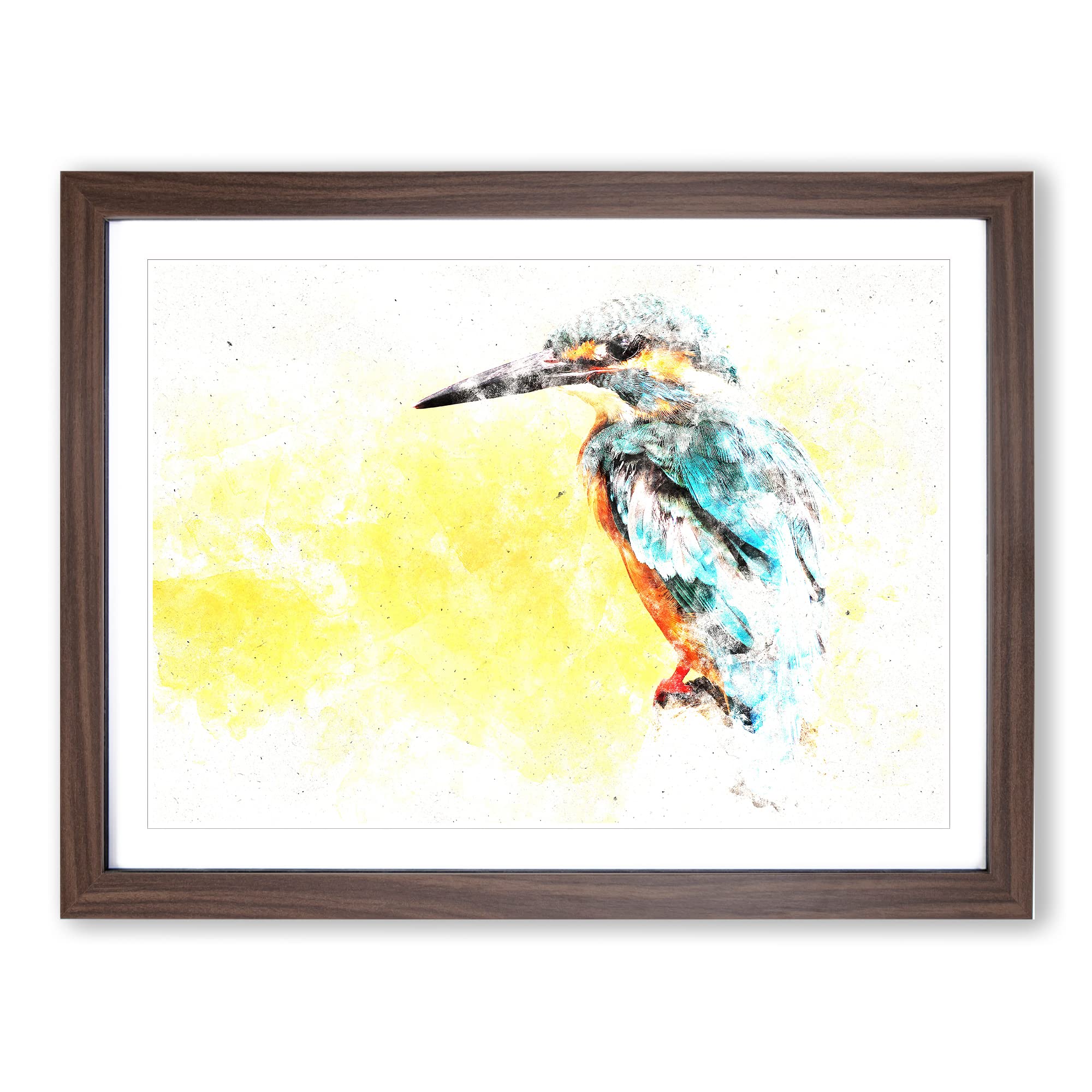 Blue Kingfisher Watercolour Modern Framed Wall Art Print, Ready to Hang Picture for Living Room Bedroom Home Office Décor, Walnut A4 (34 x 25 cm)
