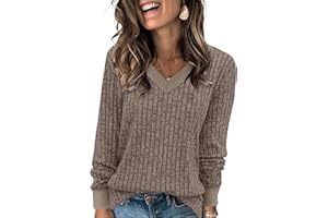 SAMPEEL Women's V Neck Color Block Long Sleeve Shirts–Casual Fall Tops, Lightweight Tunic Sweaters Fashion Outfits 2025