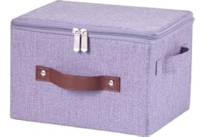 VinneGenzz Storage Bins with Zipper Lid Cotton Linen Fabric Lidded Storage Baskets Boxes Foldable Washable Closet Shelf Clothes Organizer Container with PU Leather Handles (Purple, Small)