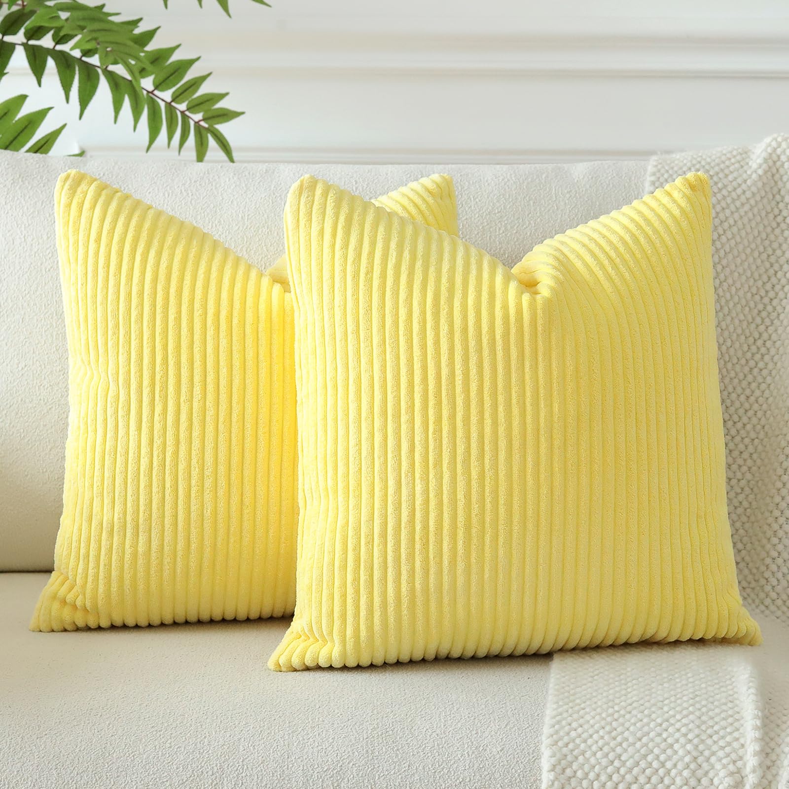 JOTOM Pack of 2 Corduroy Cushion Covers 40x40 cm Soft Striped Solid Decorative Throw Pillow Covers Square Cushion Pillow Cases for Couch Sofa Living Room Bed Home Boho Decor 16x16 Inch (Yellow) — image 1