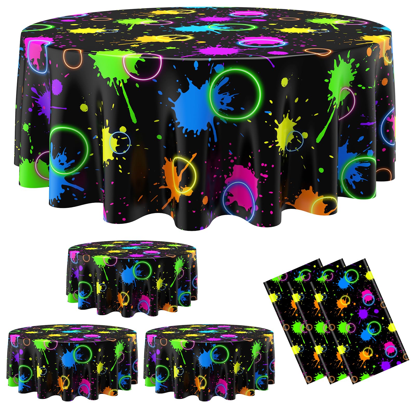Photo 1 of Oudain 3 Pcs Neon Glows Party Table Cloths for Parties 84" Round Disposable Plastic Table Covers for Birthday Glowing Baby Shower 80s 90s Party Supplies Decor (Black)
