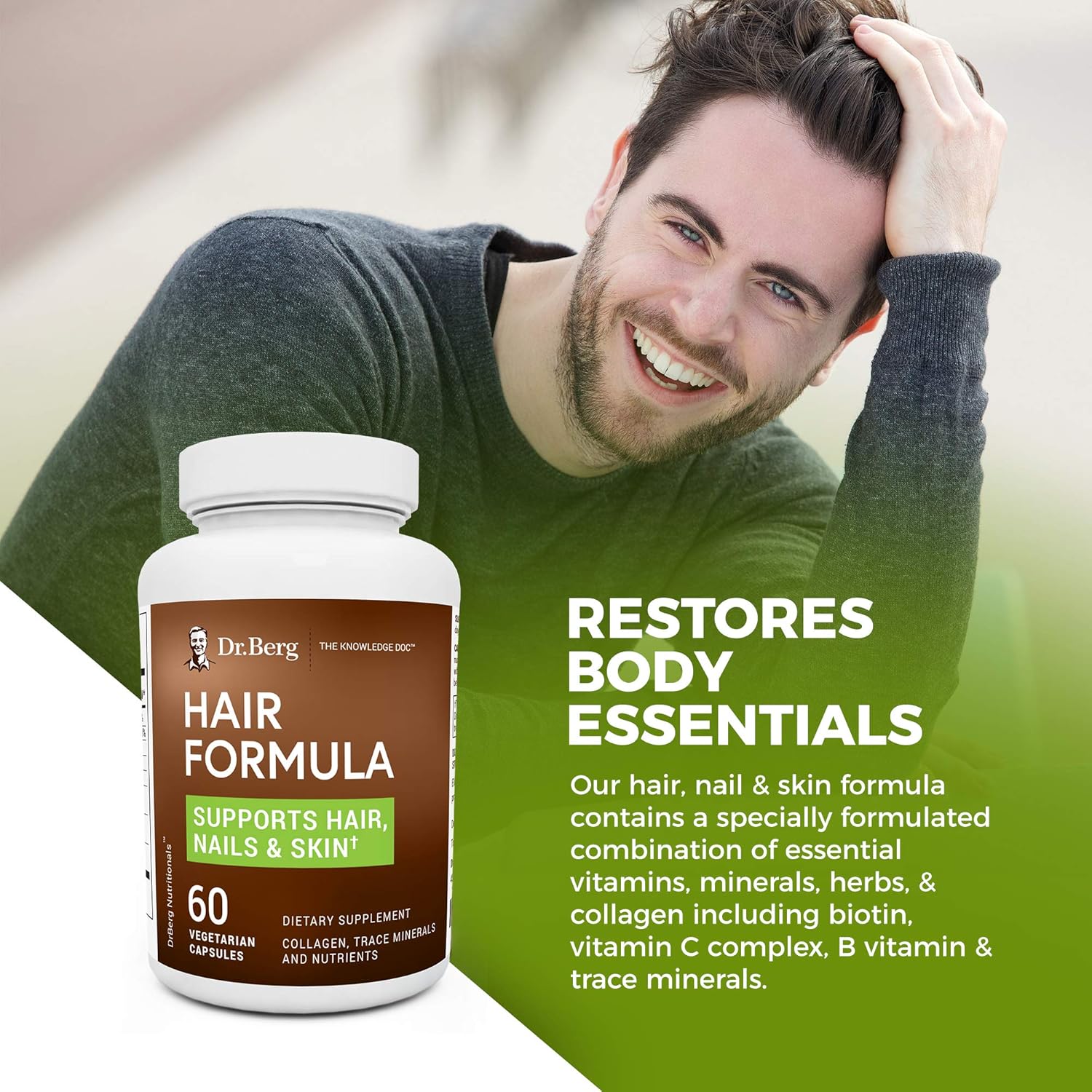 Dr. Berg’s Hair Formula Supplement Due to Normal Aging Supports Healthy Nails & Skin - DHT Blocker with Biotin, Collagen Type I&II, Trace Minerals, Whole Food Vitamin C and Bs for Women and Men: Health & Personal Care