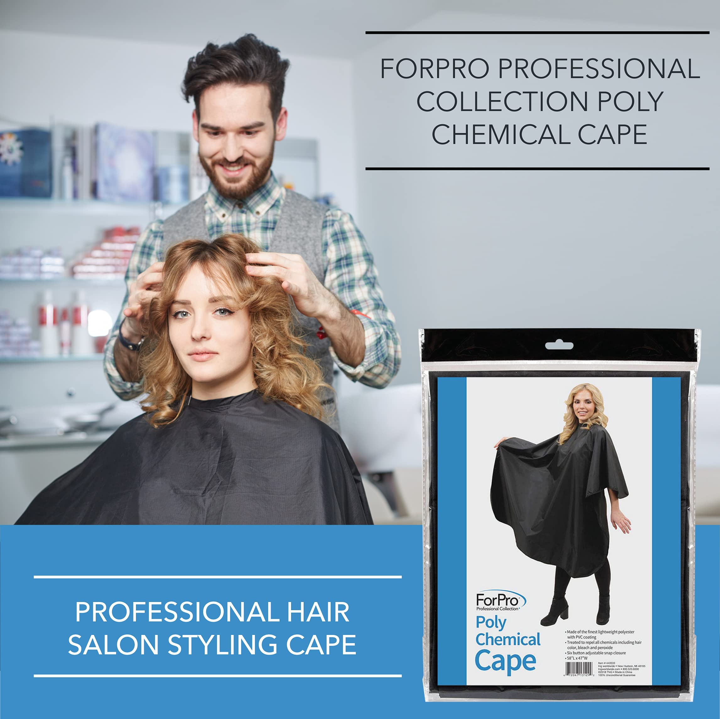 ForPro Professional Collection Poly Chemical Cape, Professional Hair Salon Styling Cape with Adjustable Snap Closure, Black, 58