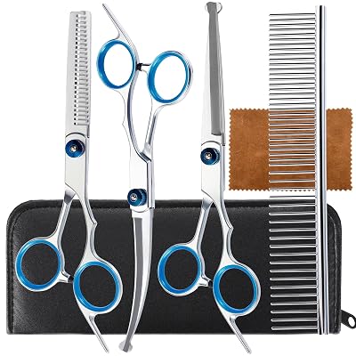 5 in 1 Premium Dog Grooming Scissors, Professional Dog Scissors for Grooming with Safety Round Tips, Lengnoyp Stainless Steel Thinning Shears, Pet Cat Shears for Grooming Kit