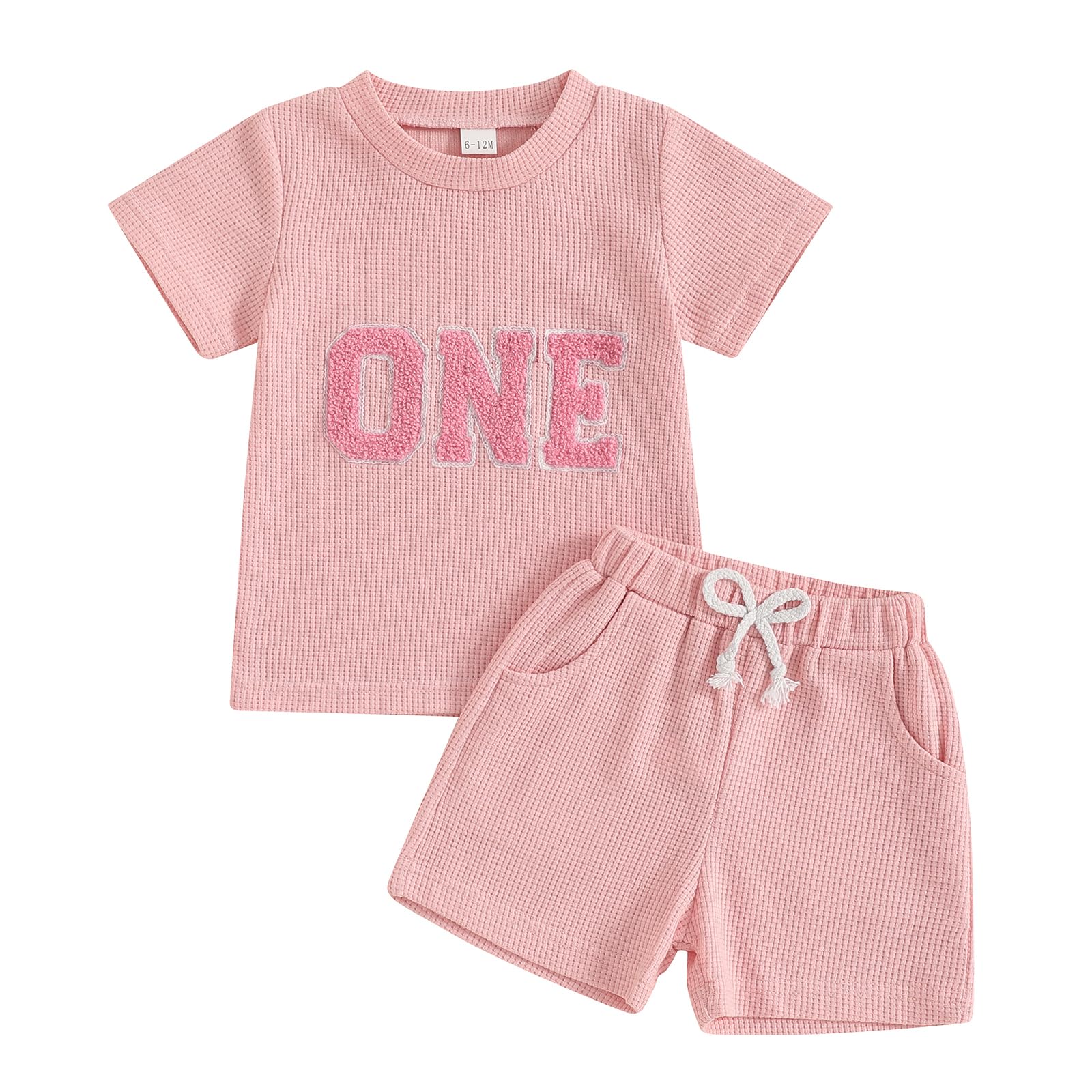 Photo 1 of Lamuusaa Toddler Baby Girl Birthday Outfit Short Sleeve One/Two Embroidery T-shirt Waffle Elastic Shorts 2Pcs Summer Clothes (Pink One, 12-18 Months)