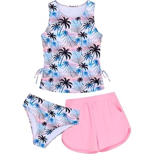 HUSKARY Girls Swimsuits 3 Piece Tankini Bathing Suit with Shorts 8-16 Years | 3 piece tankini: swim top with built-in bra and