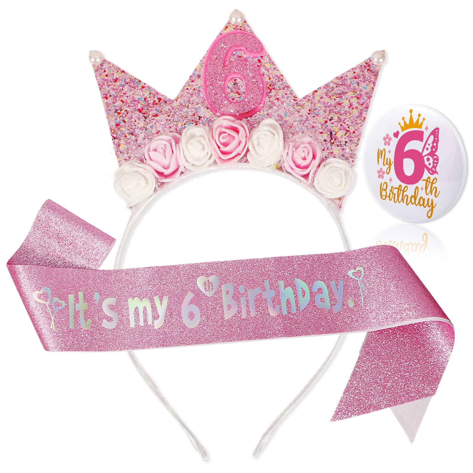 Bliceon 6th Birthday Girl Headband Sash and Badge Set, 3 Piece Pink Glitter Princess Party Decorations, Birthday Decorations Gifts for 6 Year Old Girls Party Supplies