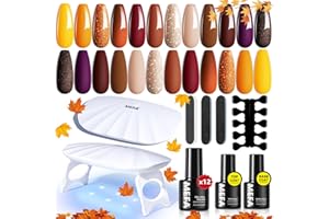 MEFA 19 Pcs Gel Nail Polish Kit with U V Light, 12 Colors Fall Gel Nail Polish Set Burgundy Red Champagne Gold Purple Glitter Soak Off Manicure Tools Halloween Beginners Salon Art DIY for Women