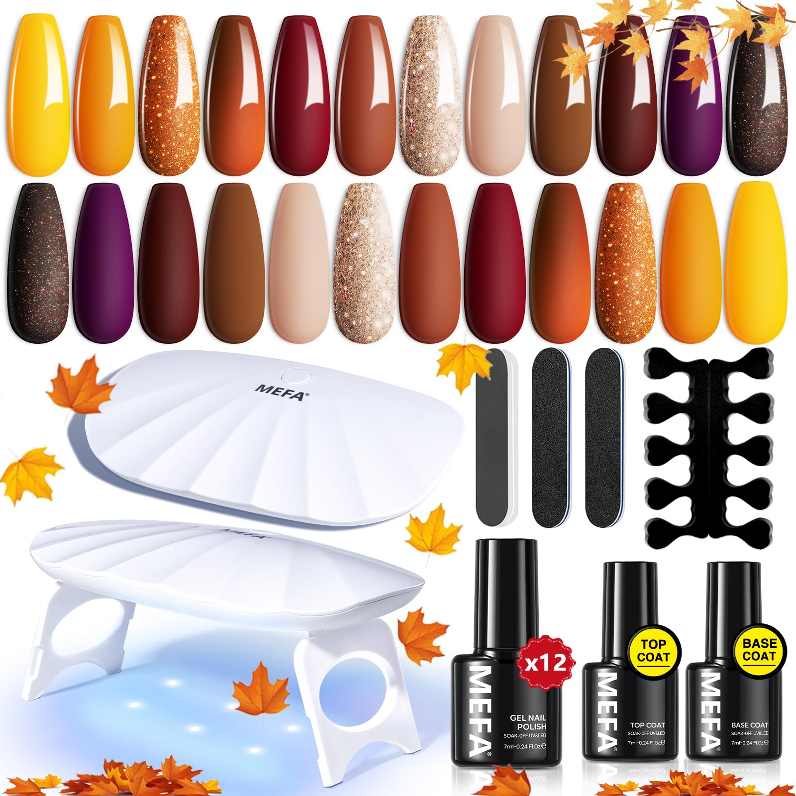 Photo 1 of MEFA 19 Pcs Gel Nail Polish Kit with U V Light, 12 Colors Fall Gel Nail Polish Set Burgundy Red Champagne Gold Purple Glitter Soak Off Manicure Tools Halloween Beginners Salon Art DIY for Women