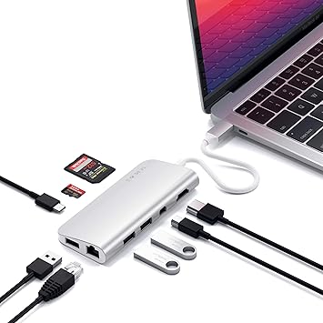 Amazon Com Satechi Aluminum Type C Multimedia Adapter With 4k Hdmi Mini Dp Usb C Pd Gigabit Ethernet Usb 3 0 Micro Sd Card Slots Compatible With 18 Macbook Air 19 Macbook Pro Silver Computers